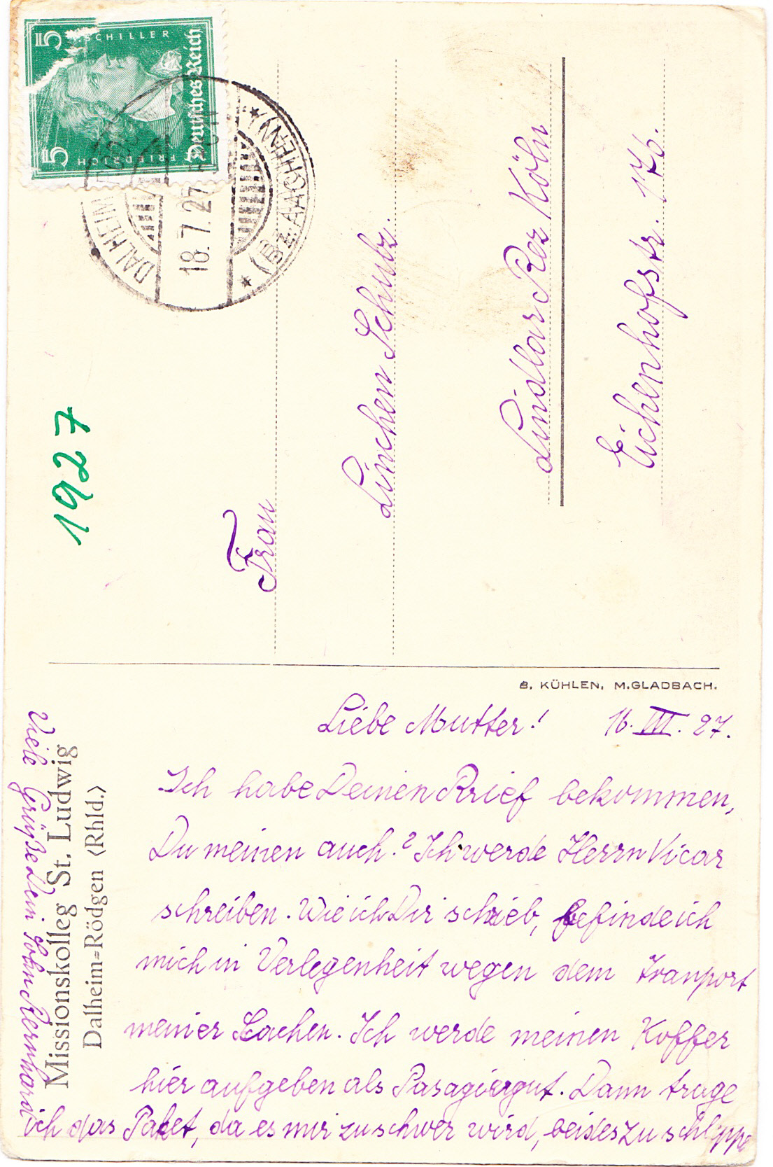 Postkarte_1927_Bernhard_an_seine_Mutter_Linchen_in Lindlar
